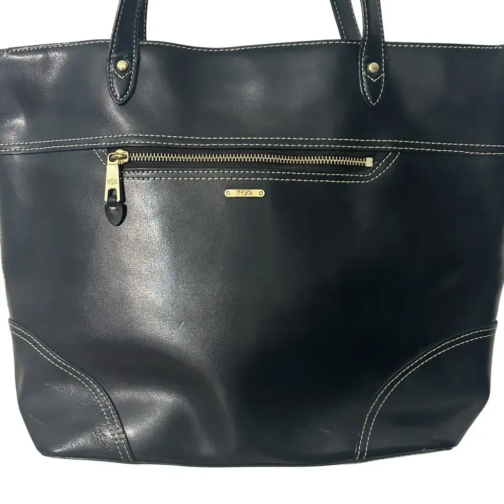 Lauren Ralph Lauren Tote Black Cow Leather Bag Old Money Preppy Handbag Purse
